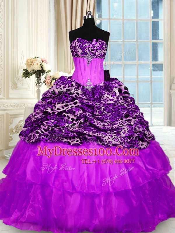 Printed Purple Lace Up Quince Ball Gowns Beading and Ruffled Layers Sleeveless Sweep Train