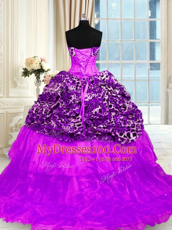 Printed Purple Lace Up Quince Ball Gowns Beading and Ruffled Layers Sleeveless Sweep Train