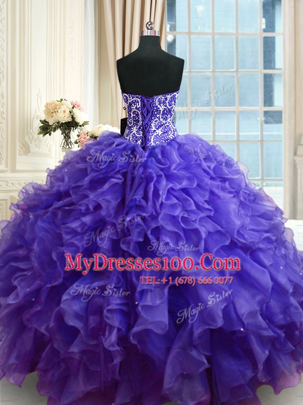 Lovely Purple Quince Ball Gowns Military Ball and Sweet 16 and Quinceanera and For with Beading and Ruffles Sweetheart Sleeveless Lace Up