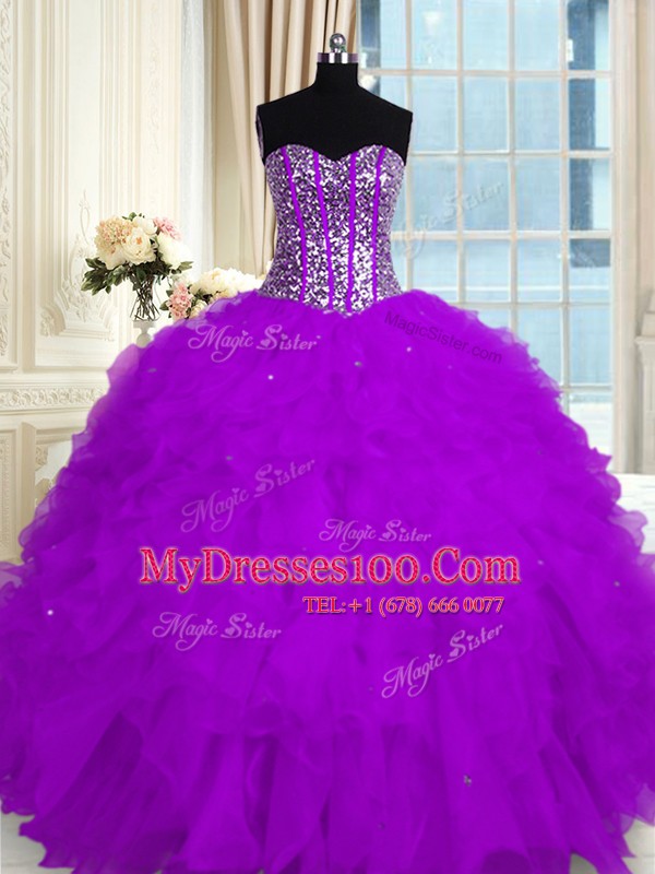 Floor Length Purple Quinceanera Gown Sweetheart Sleeveless Lace Up