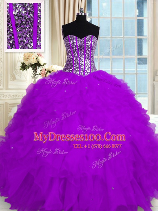 Floor Length Purple Quinceanera Gown Sweetheart Sleeveless Lace Up