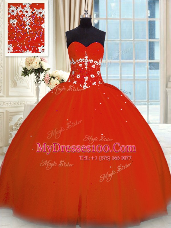 Enchanting Red Ball Gowns Appliques Sweet 16 Dress Lace Up Tulle Sleeveless Floor Length