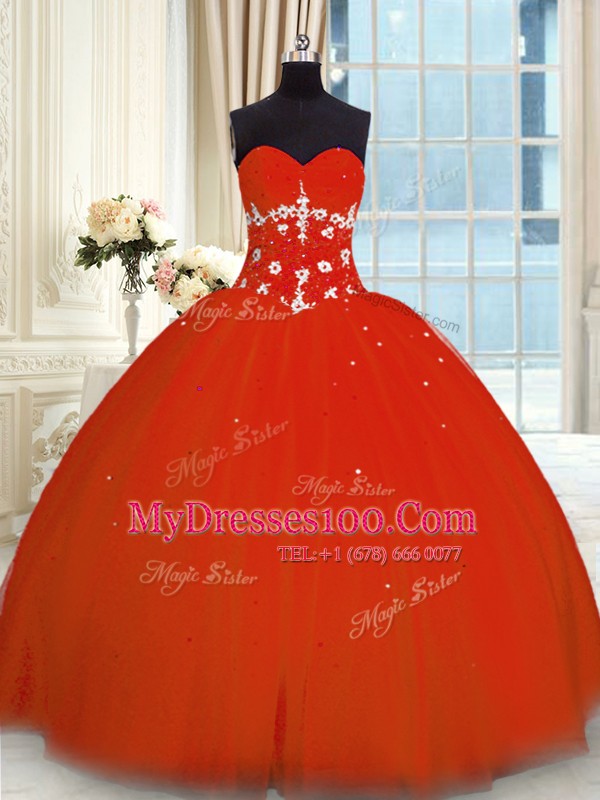 Enchanting Red Ball Gowns Appliques Sweet 16 Dress Lace Up Tulle Sleeveless Floor Length