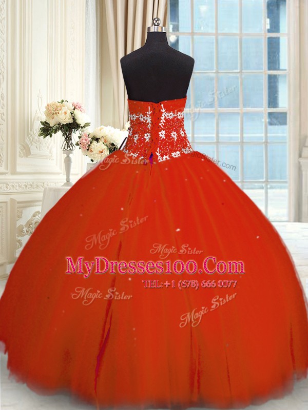 Enchanting Red Ball Gowns Appliques Sweet 16 Dress Lace Up Tulle Sleeveless Floor Length