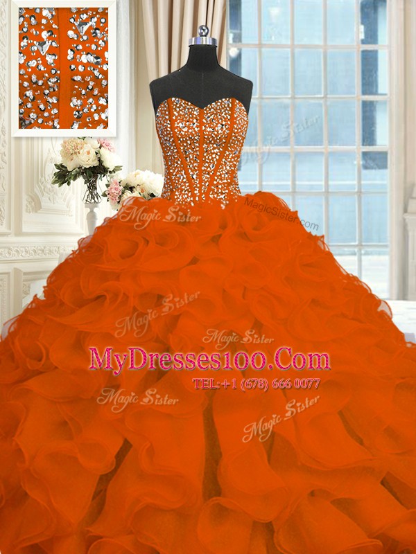 Exceptional Red Sleeveless Organza Brush Train Lace Up Quinceanera Gown for Military Ball and Sweet 16 and Quinceanera