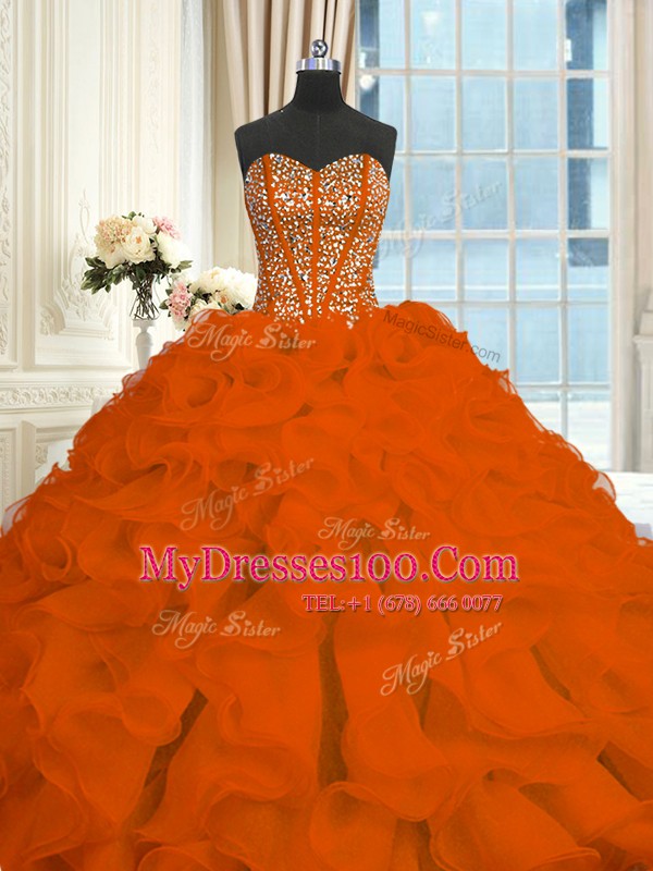 Exceptional Red Sleeveless Organza Brush Train Lace Up Quinceanera Gown for Military Ball and Sweet 16 and Quinceanera