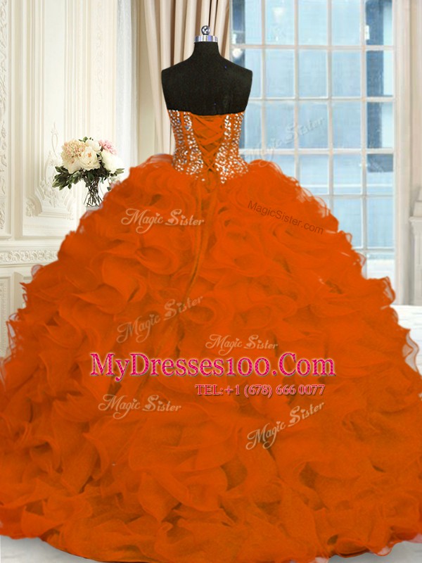 Exceptional Red Sleeveless Organza Brush Train Lace Up Quinceanera Gown for Military Ball and Sweet 16 and Quinceanera