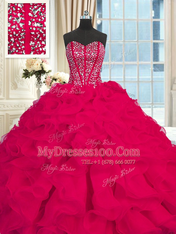 Red Lace Up Sweetheart Beading and Ruffles Quinceanera Gown Organza Sleeveless Brush Train