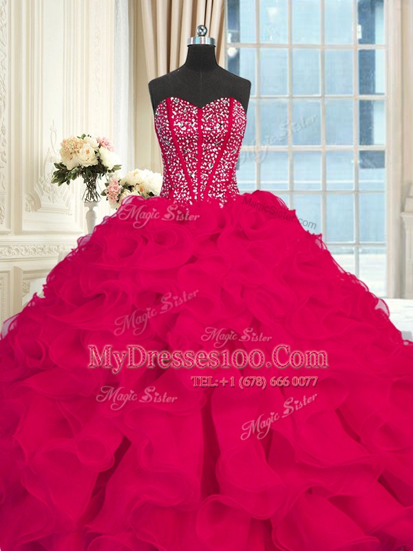 Red Lace Up Sweetheart Beading and Ruffles Quinceanera Gown Organza Sleeveless Brush Train