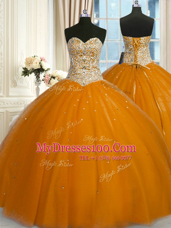 Charming Floor Length Rust Red 15th Birthday Dress Tulle Sleeveless Beading and Sequins