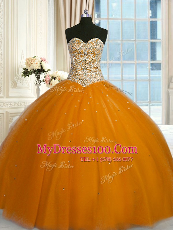 Charming Floor Length Rust Red 15th Birthday Dress Tulle Sleeveless Beading and Sequins