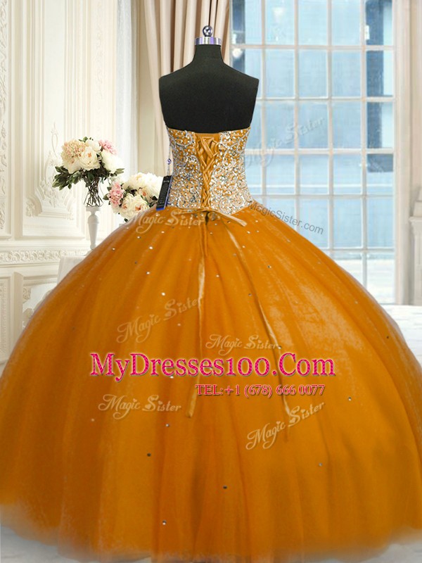 Charming Floor Length Rust Red 15th Birthday Dress Tulle Sleeveless Beading and Sequins