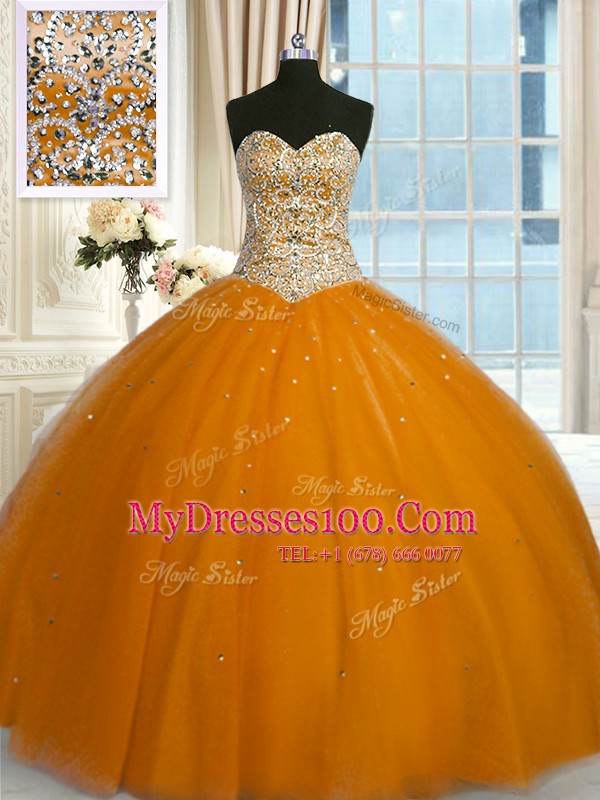 Charming Floor Length Rust Red 15th Birthday Dress Tulle Sleeveless Beading and Sequins
