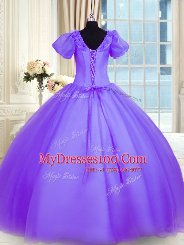 Lavender V-neck Neckline Appliques 15 Quinceanera Dress Short Sleeves Lace Up