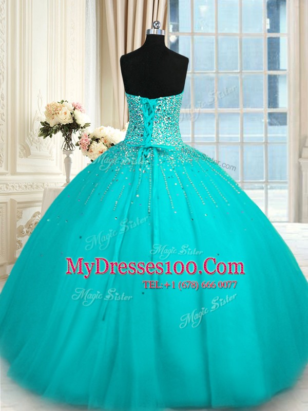 Low Price Turquoise Sweetheart Lace Up Beading Sweet 16 Dresses Sleeveless