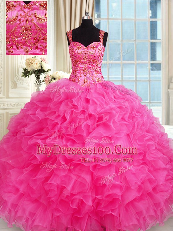 Charming Hot Pink Ball Gowns Embroidery and Ruffles Ball Gown Prom Dress Lace Up Organza Sleeveless Floor Length