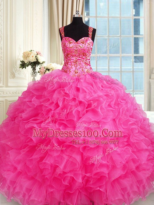 Charming Hot Pink Ball Gowns Embroidery and Ruffles Ball Gown Prom Dress Lace Up Organza Sleeveless Floor Length