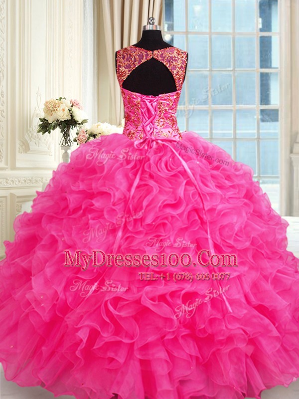 Charming Hot Pink Ball Gowns Embroidery and Ruffles Ball Gown Prom Dress Lace Up Organza Sleeveless Floor Length
