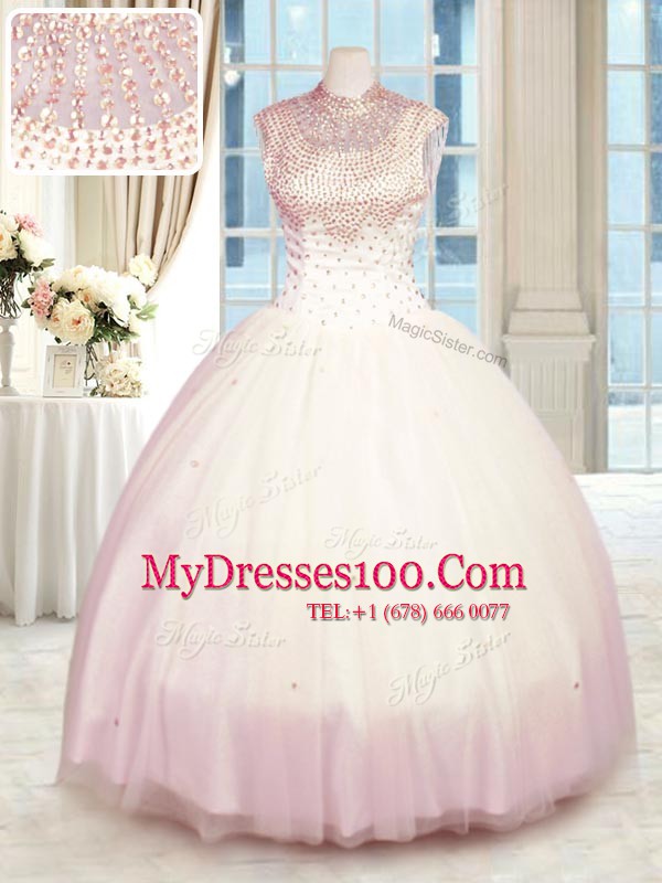 Smart Baby Pink Tulle Zipper Quinceanera Dresses Sleeveless Floor Length Beading