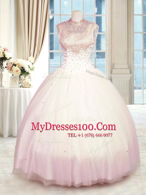 Smart Baby Pink Tulle Zipper Quinceanera Dresses Sleeveless Floor Length Beading