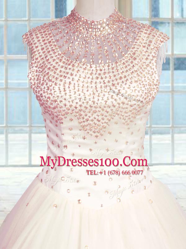 Smart Baby Pink Tulle Zipper Quinceanera Dresses Sleeveless Floor Length Beading