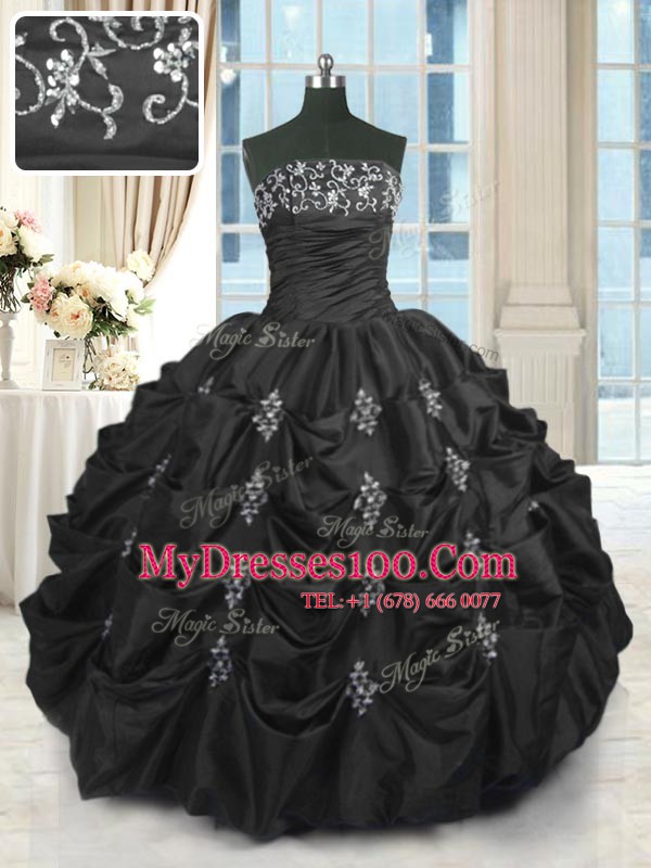 Latest Floor Length Black Quinceanera Dress Taffeta Sleeveless Beading and Lace and Appliques and Pick Ups
