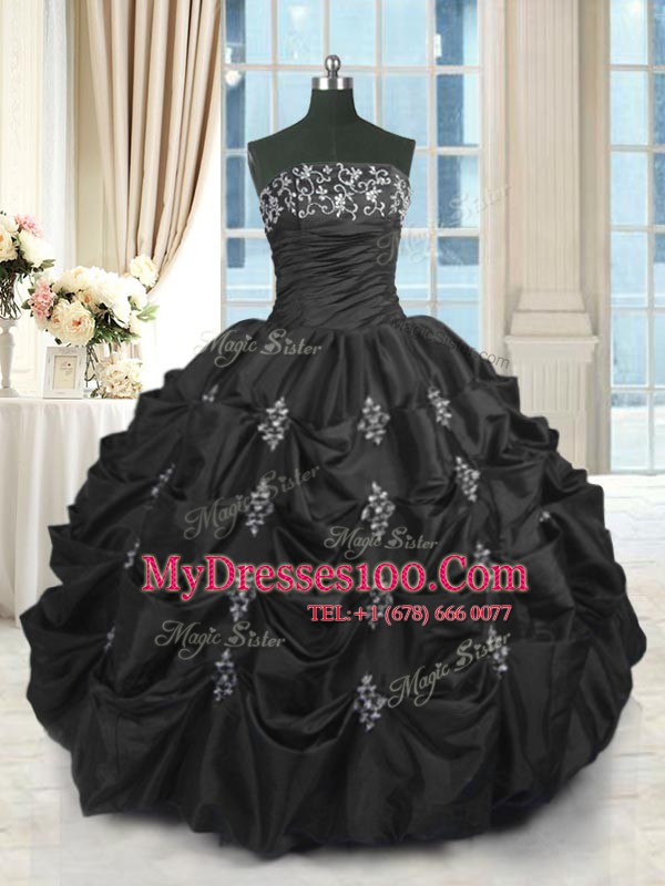 Latest Floor Length Black Quinceanera Dress Taffeta Sleeveless Beading and Lace and Appliques and Pick Ups