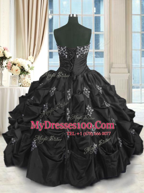 Latest Floor Length Black Quinceanera Dress Taffeta Sleeveless Beading and Lace and Appliques and Pick Ups