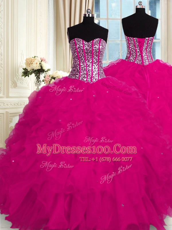 Wonderful Fuchsia Lace Up Sweetheart Beading and Ruffles Quinceanera Dresses Organza Sleeveless