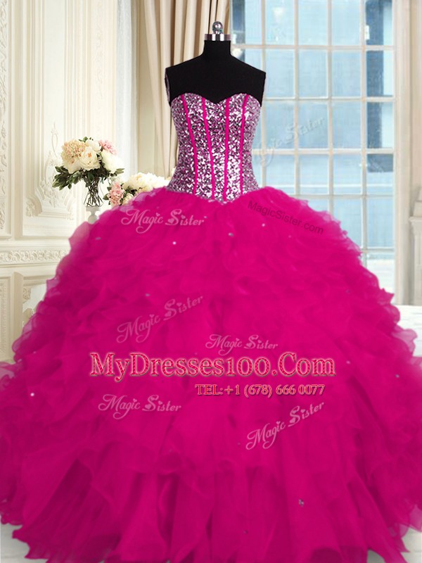 Wonderful Fuchsia Lace Up Sweetheart Beading and Ruffles Quinceanera Dresses Organza Sleeveless