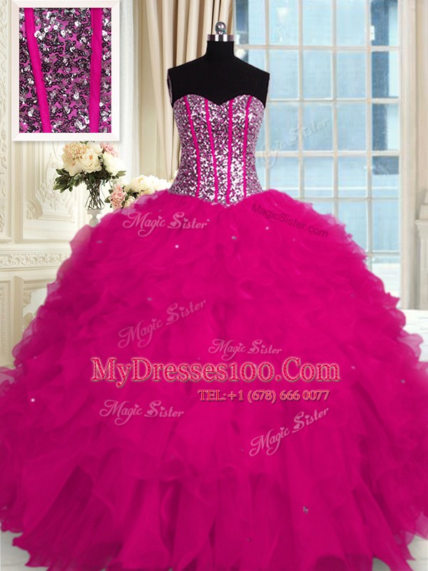 Wonderful Fuchsia Lace Up Sweetheart Beading and Ruffles Quinceanera Dresses Organza Sleeveless