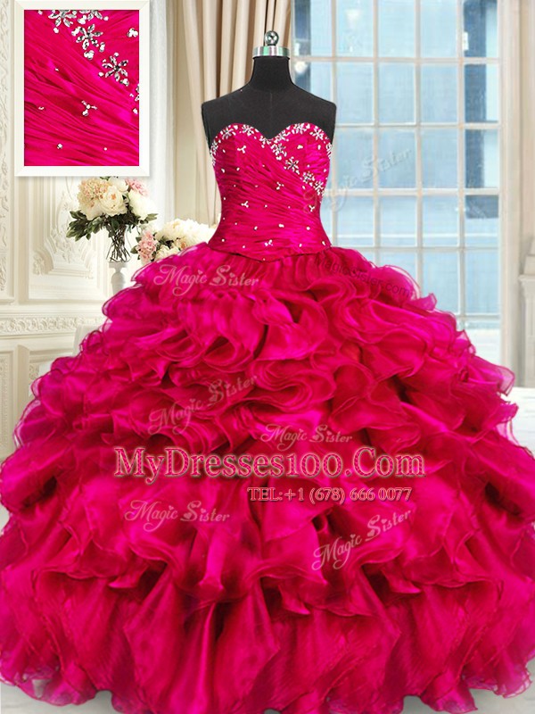 Beautiful Sleeveless Floor Length Beading and Ruffles Lace Up Vestidos de Quinceanera with Hot Pink