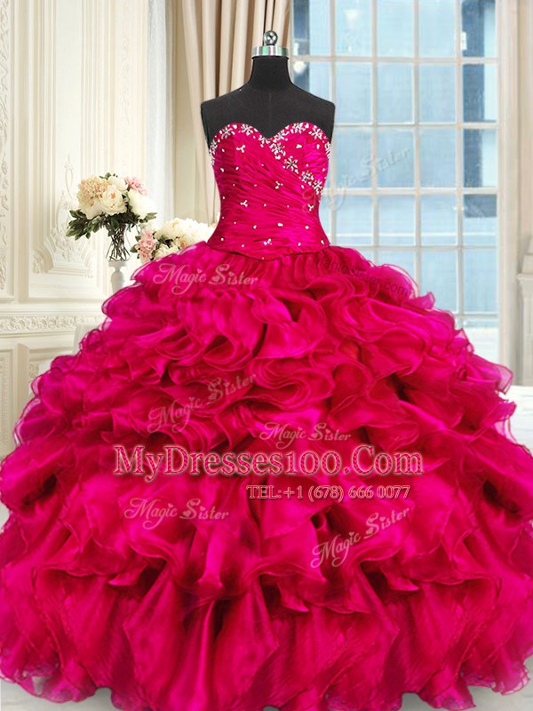 Beautiful Sleeveless Floor Length Beading and Ruffles Lace Up Vestidos de Quinceanera with Hot Pink