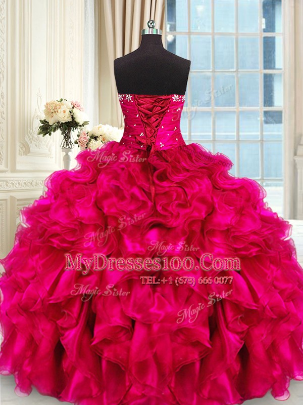 Beautiful Sleeveless Floor Length Beading and Ruffles Lace Up Vestidos de Quinceanera with Hot Pink