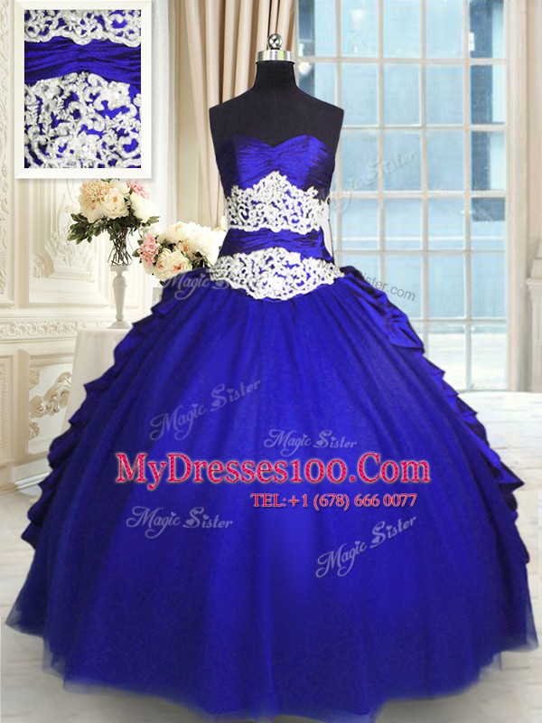 Floor Length Lace Up Quinceanera Gowns Royal Blue for Military Ball and Sweet 16 and Quinceanera with Beading and Lace and Appliques and Ruching and Pick Ups