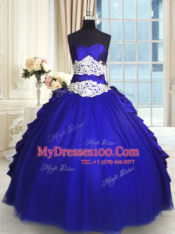 Floor Length Lace Up Quinceanera Gowns Royal Blue for Military Ball and Sweet 16 and Quinceanera with Beading and Lace and Appliques and Ruching and Pick Ups