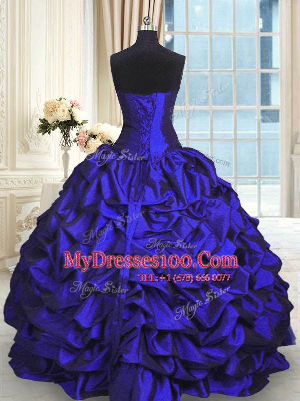 Floor Length Lace Up Quinceanera Gowns Royal Blue for Military Ball and Sweet 16 and Quinceanera with Beading and Lace and Appliques and Ruching and Pick Ups