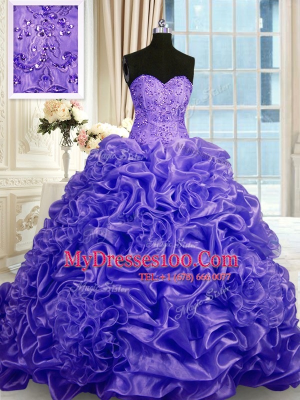 Fancy Sweetheart Sleeveless Quince Ball Gowns Sweep Train Beading and Pick Ups Purple Organza