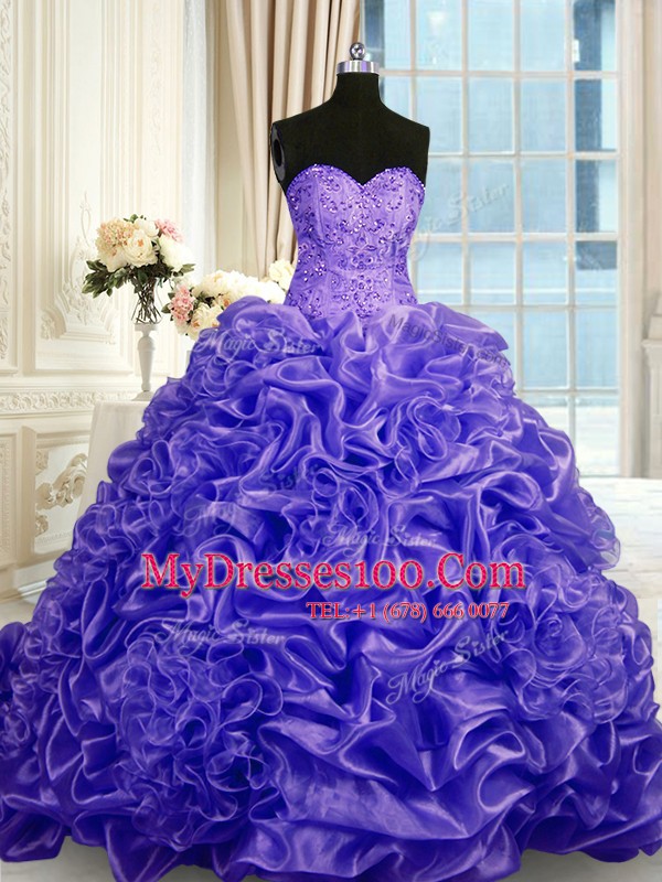 Fancy Sweetheart Sleeveless Quince Ball Gowns Sweep Train Beading and Pick Ups Purple Organza