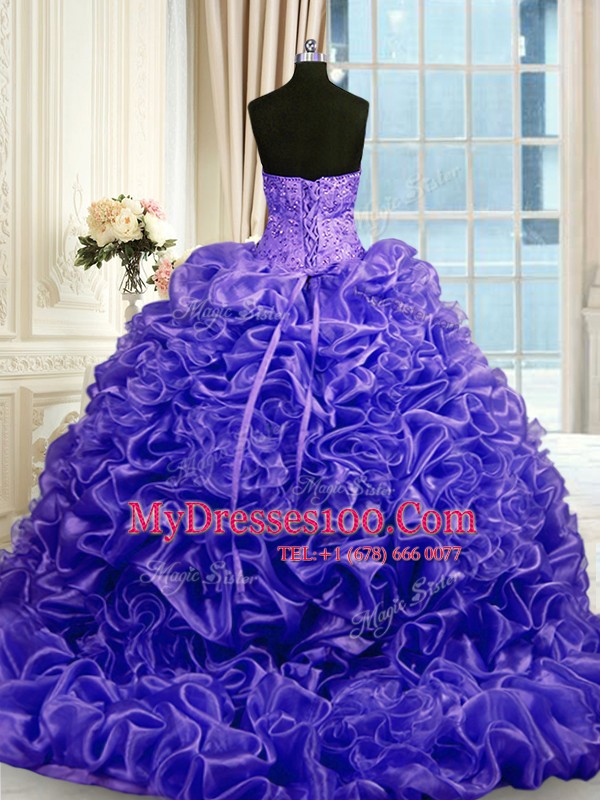 Fancy Sweetheart Sleeveless Quince Ball Gowns Sweep Train Beading and Pick Ups Purple Organza