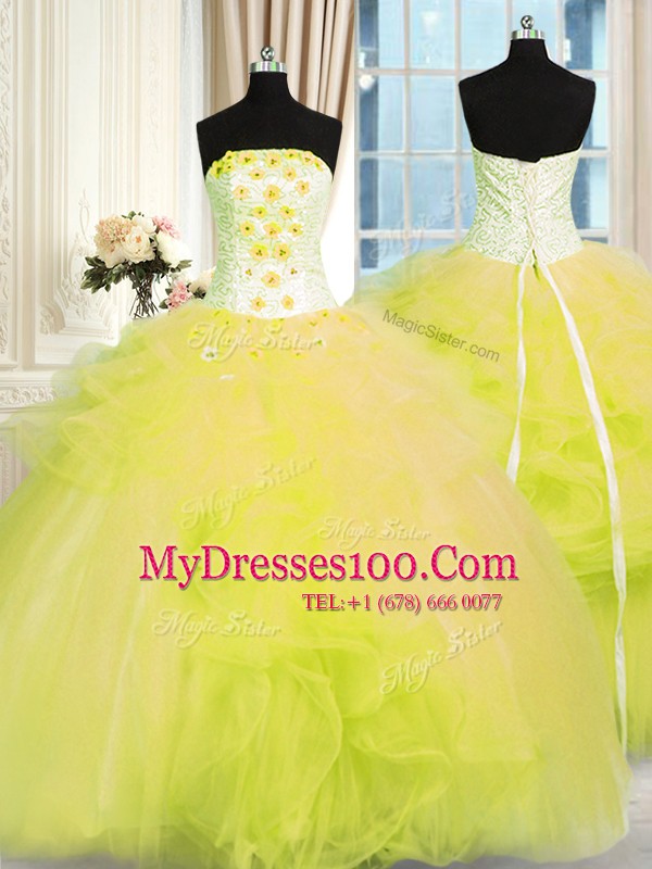 Yellow Green Ball Gowns Strapless Sleeveless Tulle Floor Length Lace Up Beading and Ruffles Sweet 16 Dresses