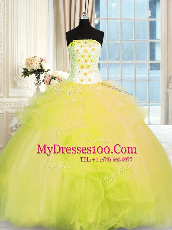 Yellow Green Ball Gowns Strapless Sleeveless Tulle Floor Length Lace Up Beading and Ruffles Sweet 16 Dresses