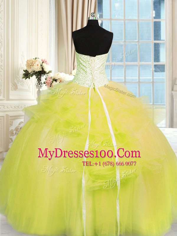Yellow Green Ball Gowns Strapless Sleeveless Tulle Floor Length Lace Up Beading and Ruffles Sweet 16 Dresses