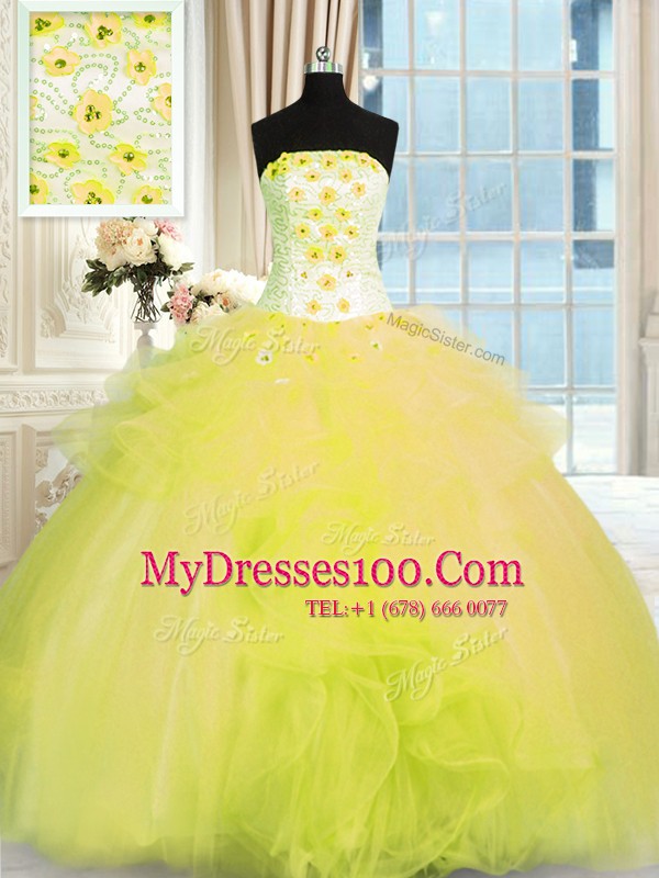 Yellow Green Ball Gowns Strapless Sleeveless Tulle Floor Length Lace Up Beading and Ruffles Sweet 16 Dresses