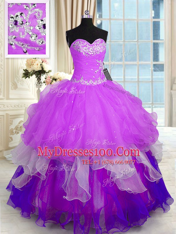 Organza Sweetheart Sleeveless Lace Up Beading and Ruffles 15 Quinceanera Dress in Multi-color