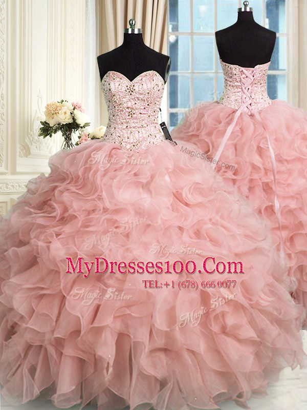 Beauteous Baby Pink Ball Gowns Sweetheart Sleeveless Organza Floor Length Lace Up Beading and Ruffles Quince Ball Gowns