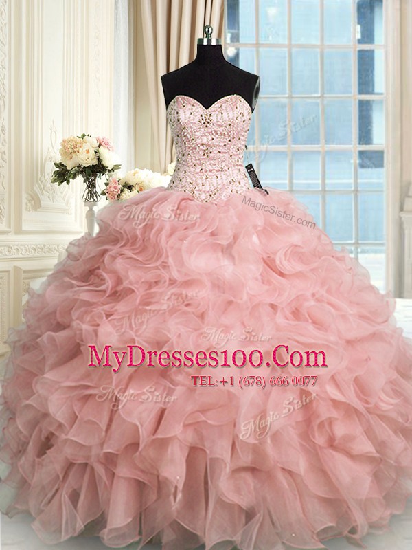Beauteous Baby Pink Ball Gowns Sweetheart Sleeveless Organza Floor Length Lace Up Beading and Ruffles Quince Ball Gowns
