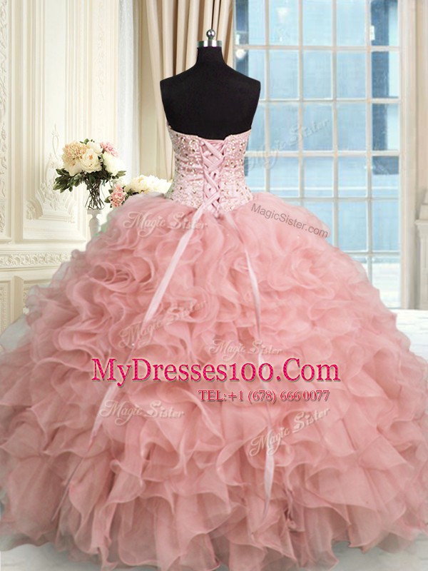 Beauteous Baby Pink Ball Gowns Sweetheart Sleeveless Organza Floor Length Lace Up Beading and Ruffles Quince Ball Gowns