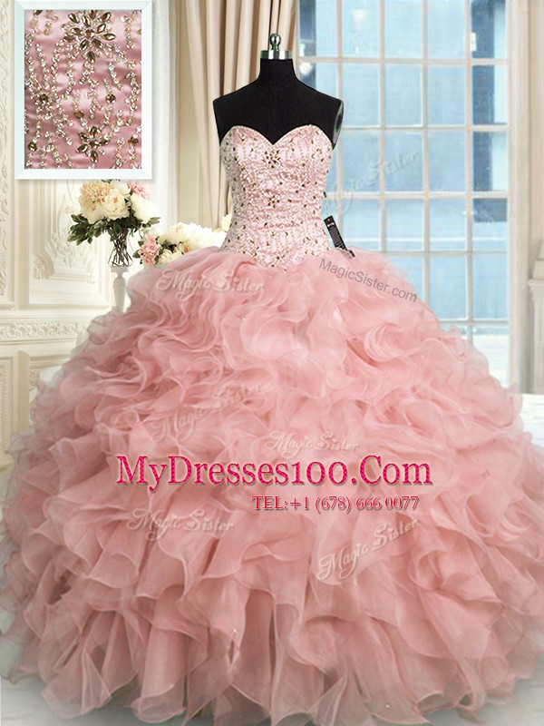 Beauteous Baby Pink Ball Gowns Sweetheart Sleeveless Organza Floor Length Lace Up Beading and Ruffles Quince Ball Gowns
