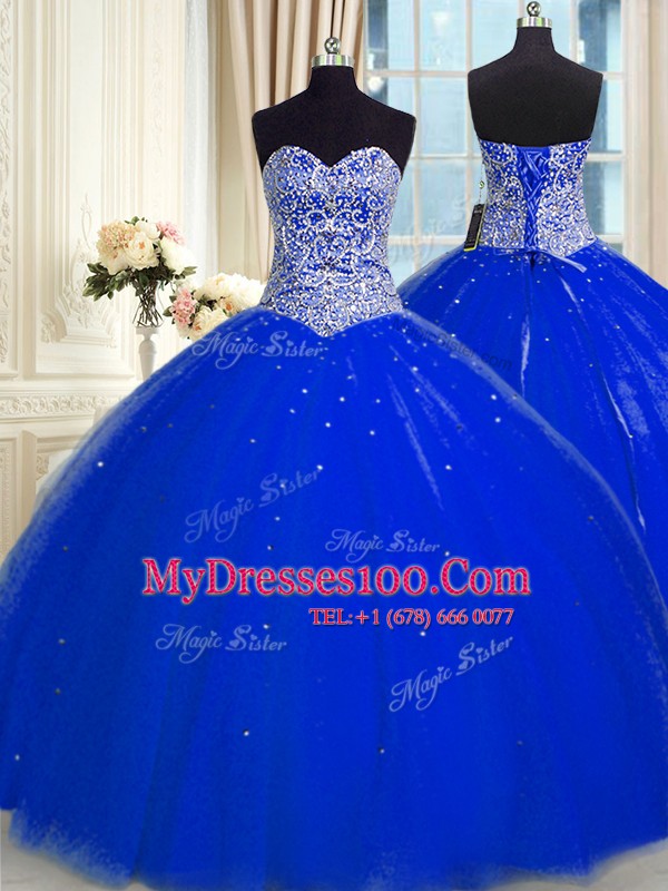 Sequins Sweetheart Sleeveless Backless Quince Ball Gowns Royal Blue Tulle